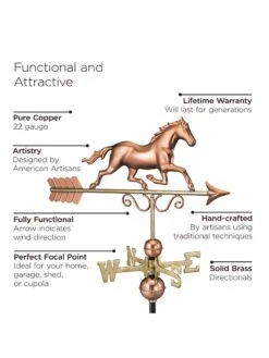 Galloping Horse Copper Weathervane -Outdoor Garden Care 8600346 03v
