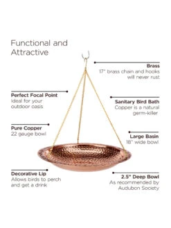 Copper Hanging Birdbath, 18" -Outdoor Garden Care 8612268 04v